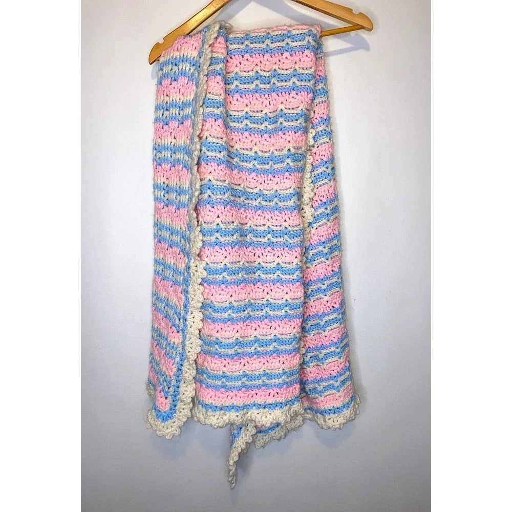 Vtg Handmade Crochet Baby Blanket/Afghan Pink/Blue/Ivory Shower Gift 44x58
